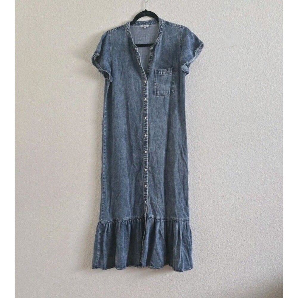 Rails Denim Dress Women's Size S Mid Blue Tencel Midi Flutter Sleeve Snap Button - Picture 2 of 9